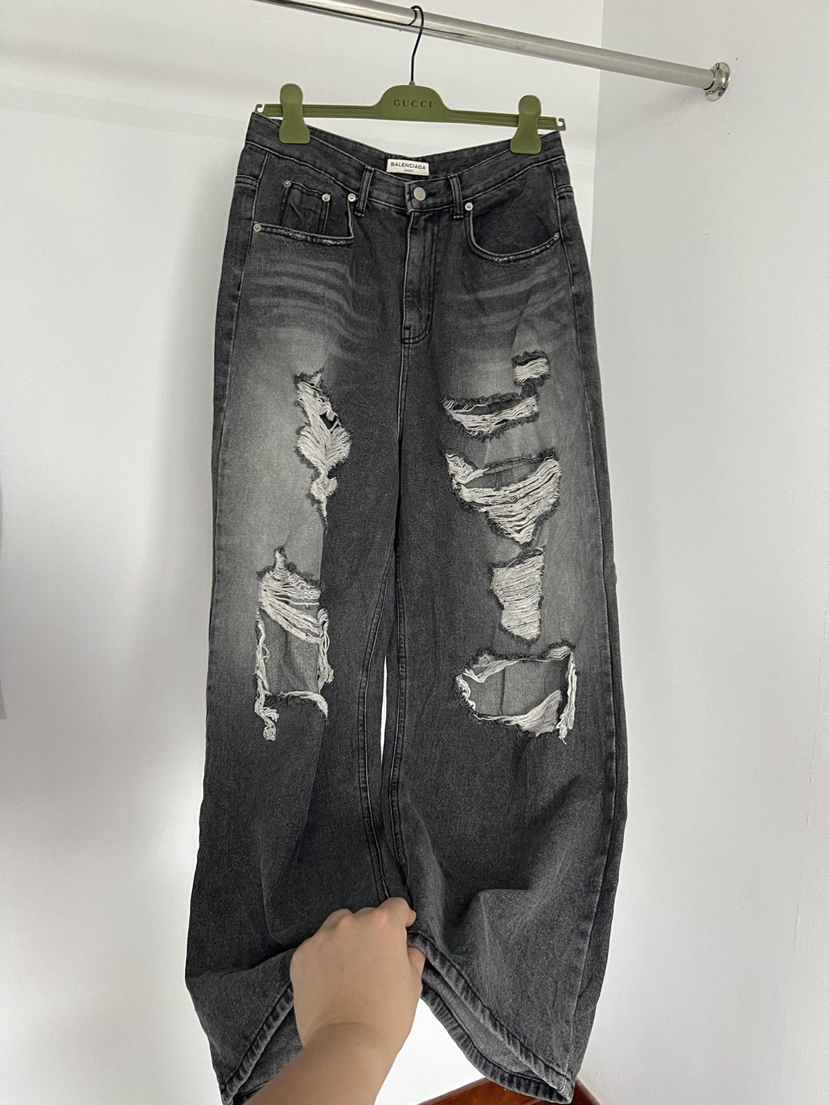 image of Balenciaga Distressed Washed Wide Leg Denim in Black/Grey, Men's (Size 30)