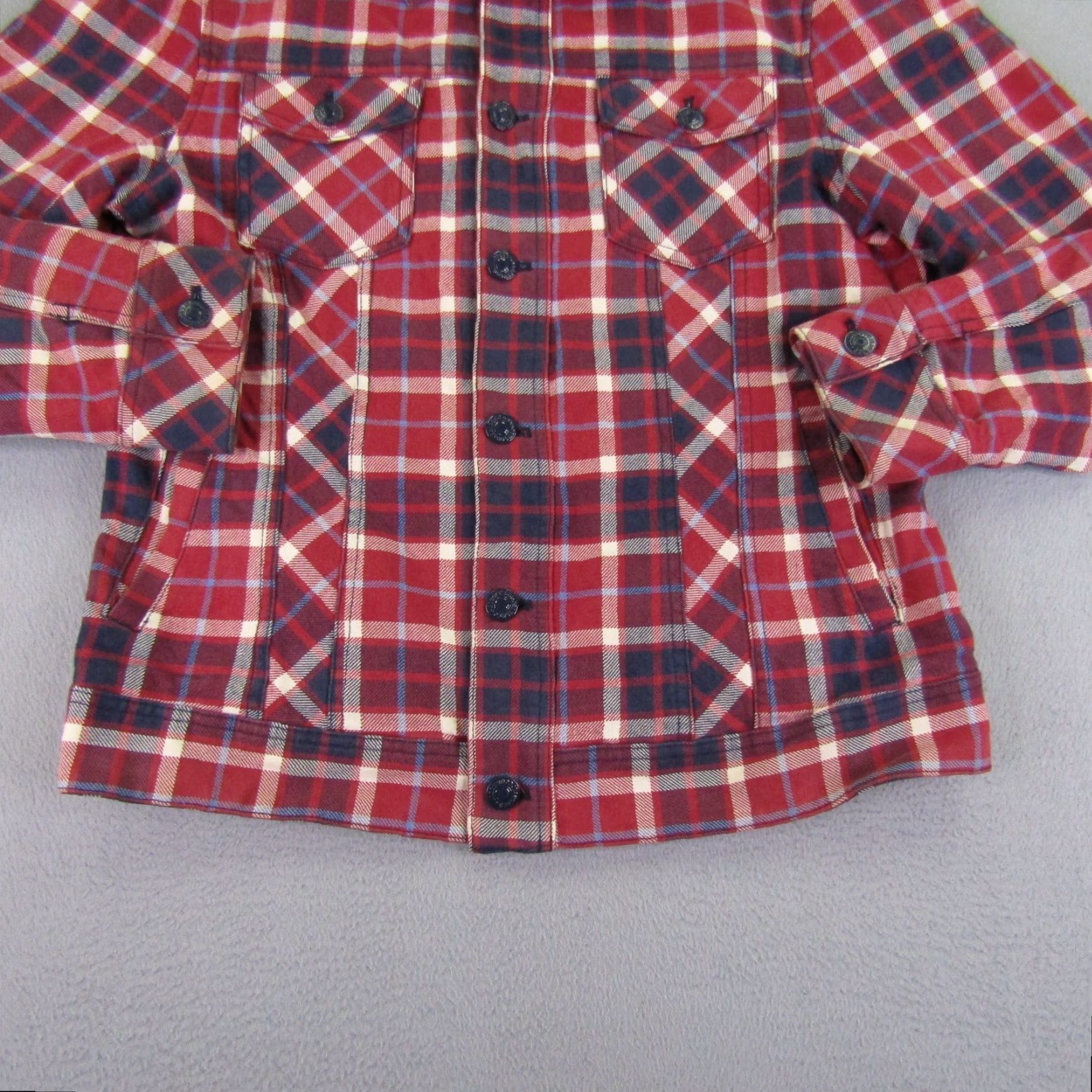 Vintage Jason Wood Jacket Mens Large Red Plaid Twill Flannel Shacket Button Up Coat Size US L / EU 52-54 / 3 - 6 Thumbnail