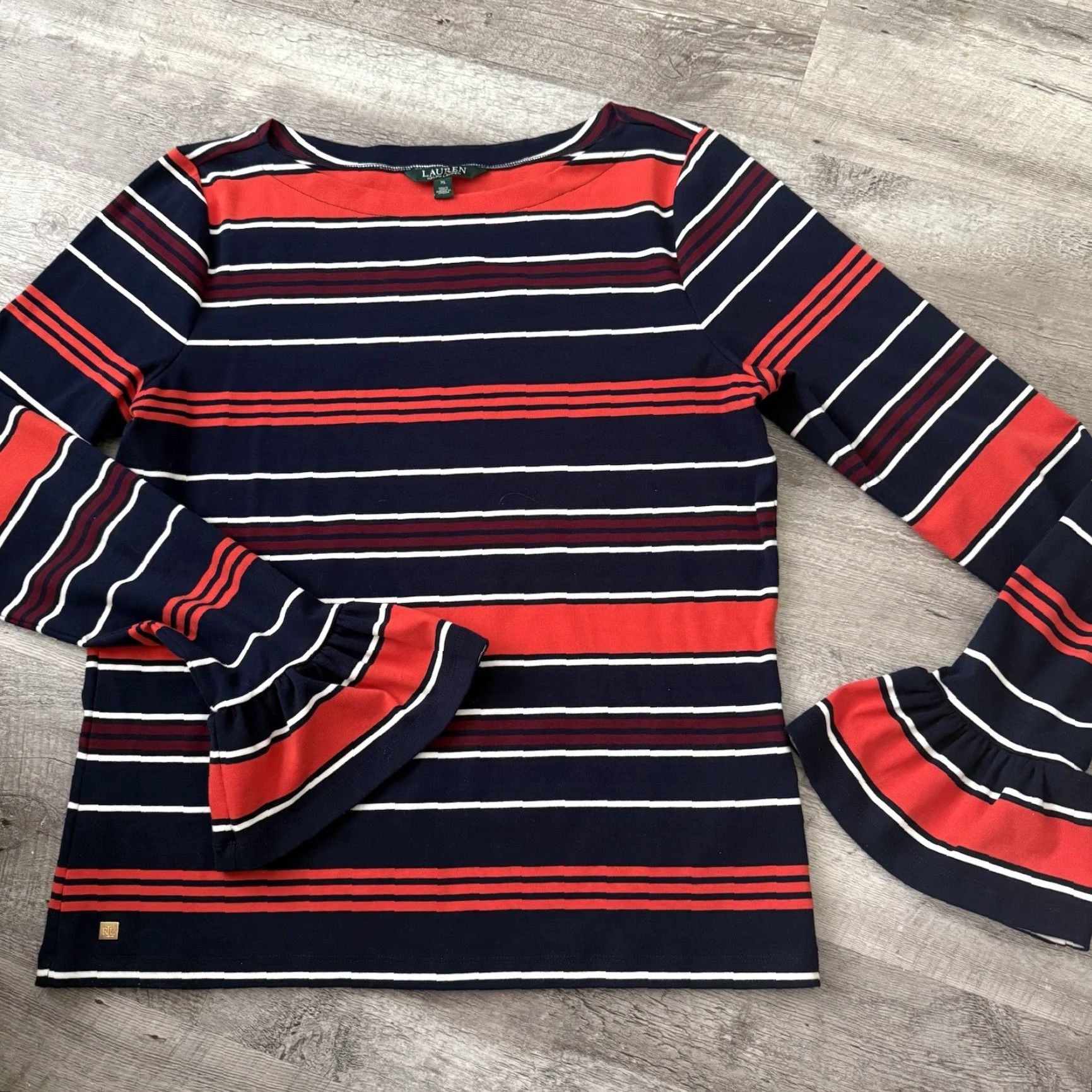 Ralph Lauren Lauren Ralph Lauren Stripe Bell Cuff Top Womens XL Blue Coral Boat Neck Shirt Blouse Size XL / US 12-14 / IT 48-50 - 7 Thumbnail