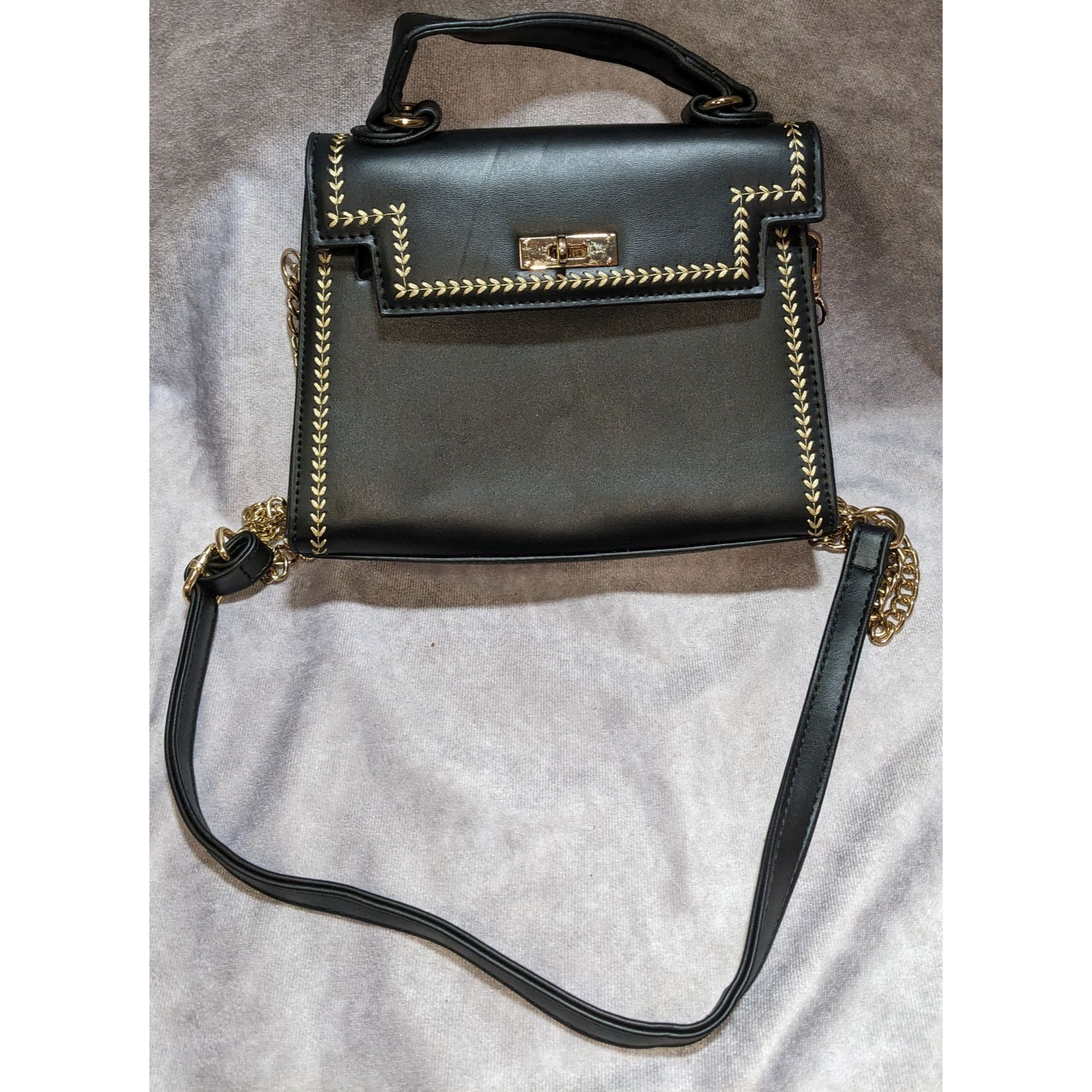 Other Black Faux Leather Satchel With Gold Stitching & Chain Strap Size ONE SIZE - 5 Thumbnail