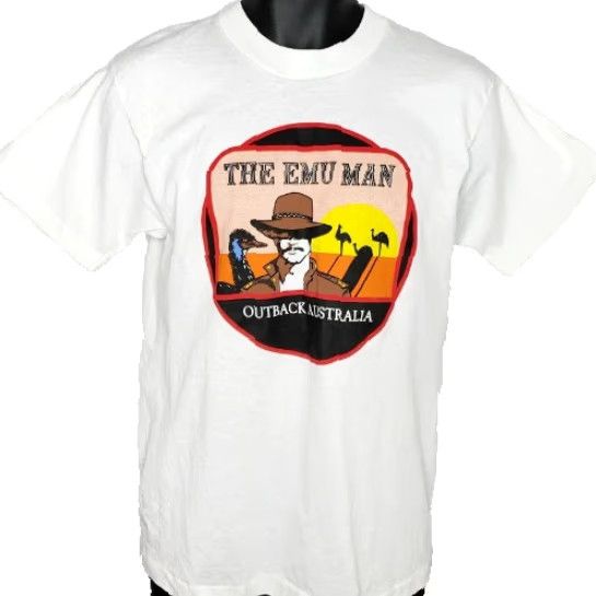 Fruit Of The Loom VINTAGE Emu Man T Shirt Mens Size Medium Outback Australia Emu Oil Made In USA Fruit of the Loom White Crew Neck Short Sleeve 1980s USA Mens T-Shirt Size US M / EU 48-50 / 2 - 2 Thumbnail