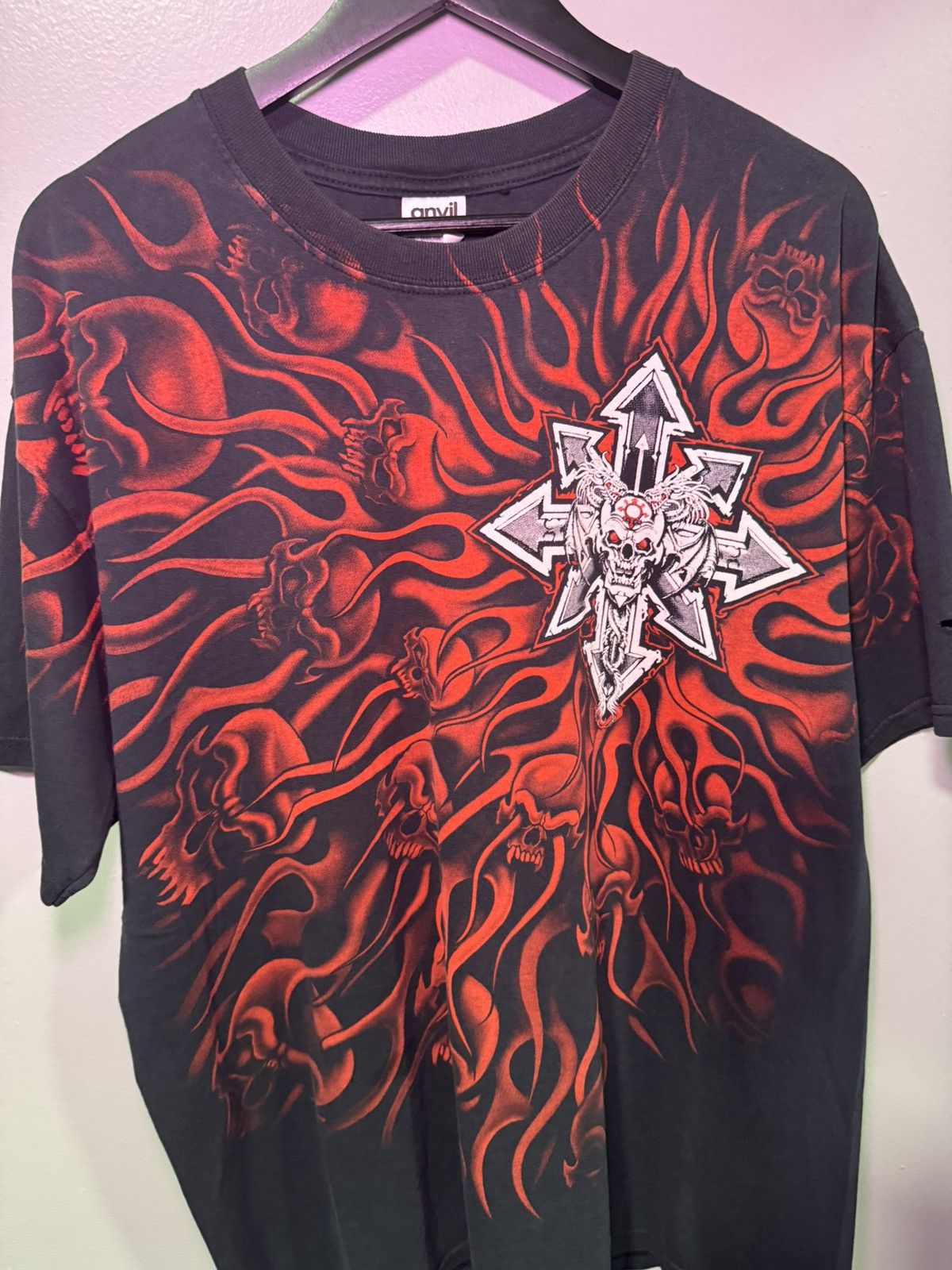 Anvil × Vintage Y2K Tribal Cross Skull Flame Graphic Tee Size US XL / EU 56 / 4 - 3 Thumbnail