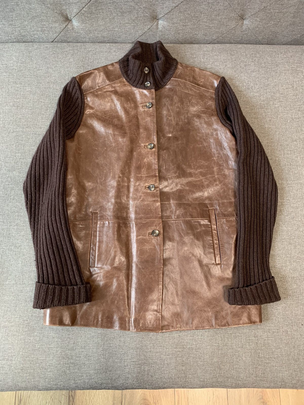 image of Archival Clothing x Italian Designers Marina Rinaldi Japan Leather And Knitted Jacket in Brown, Wom