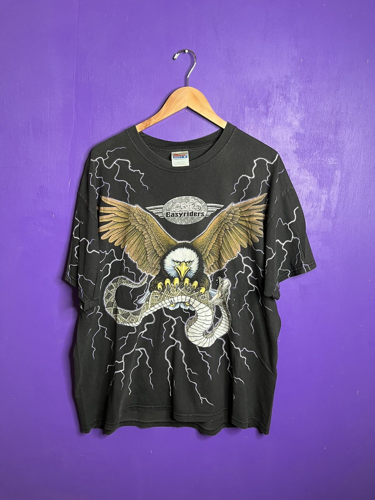 image of Made In USA x Vintage 90's Easyriders Snake/eagle Lightning Aop T-Shirt in Black, Men's (Size 2XL)