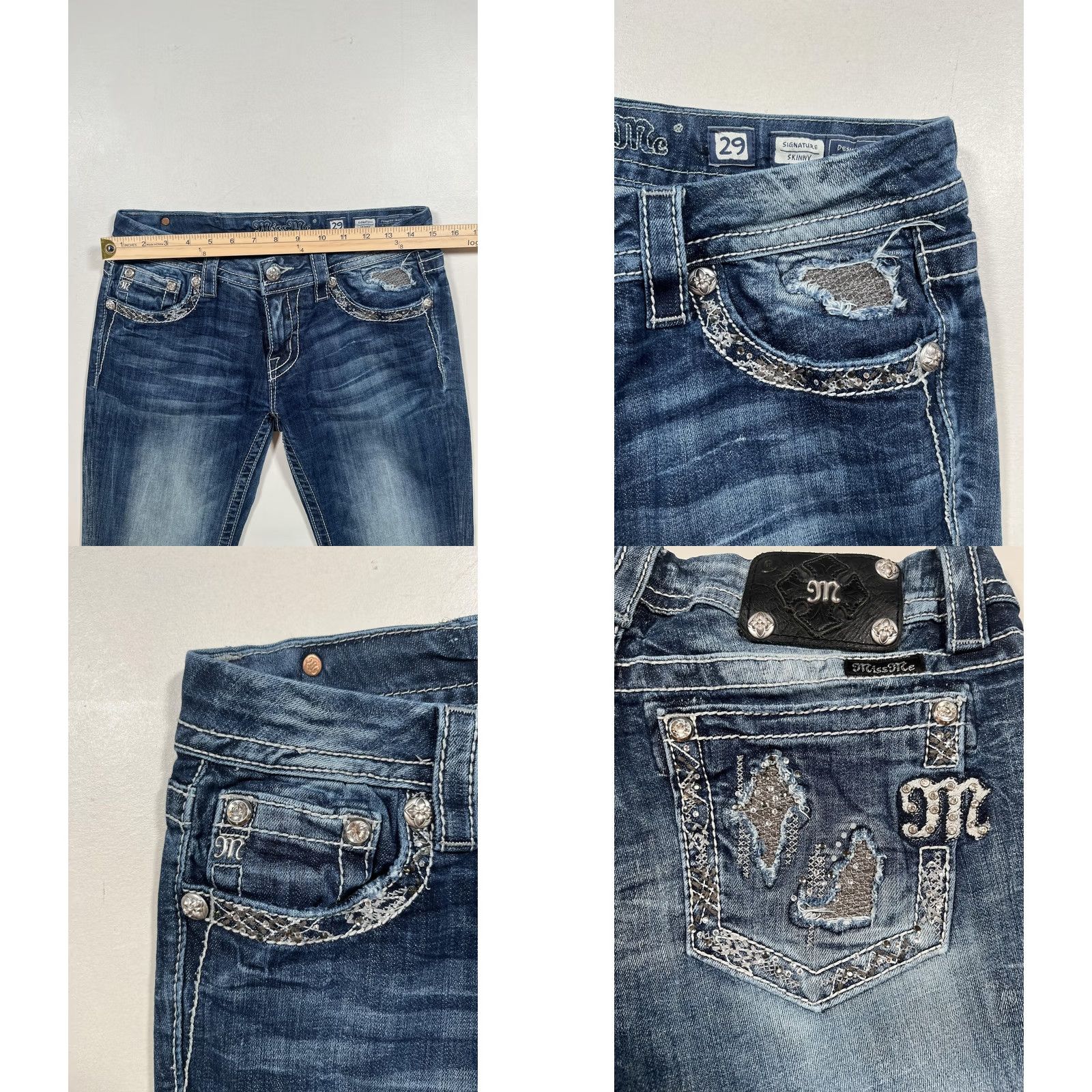 Miss Me Miss Me Jeans 29 Blue Signature Skinny Low Rise Distressed Rhinestone Jeans Size 29" - 8 Thumbnail