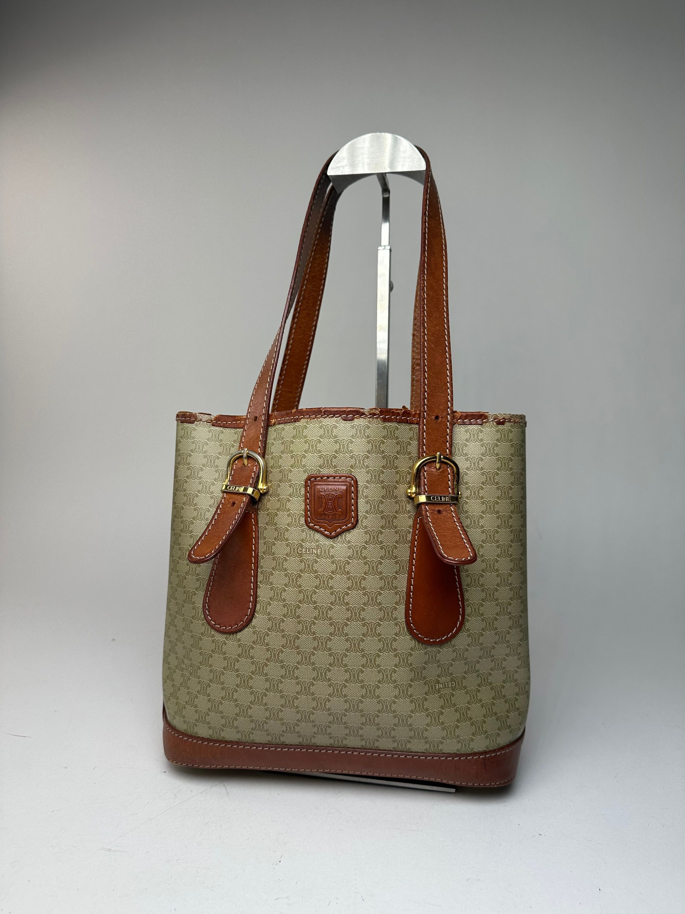 Celine Vintage Paris Triomphe Monogram Leather Bucket Bag Brown Gre Size ONE SIZE - 1 Thumbnail