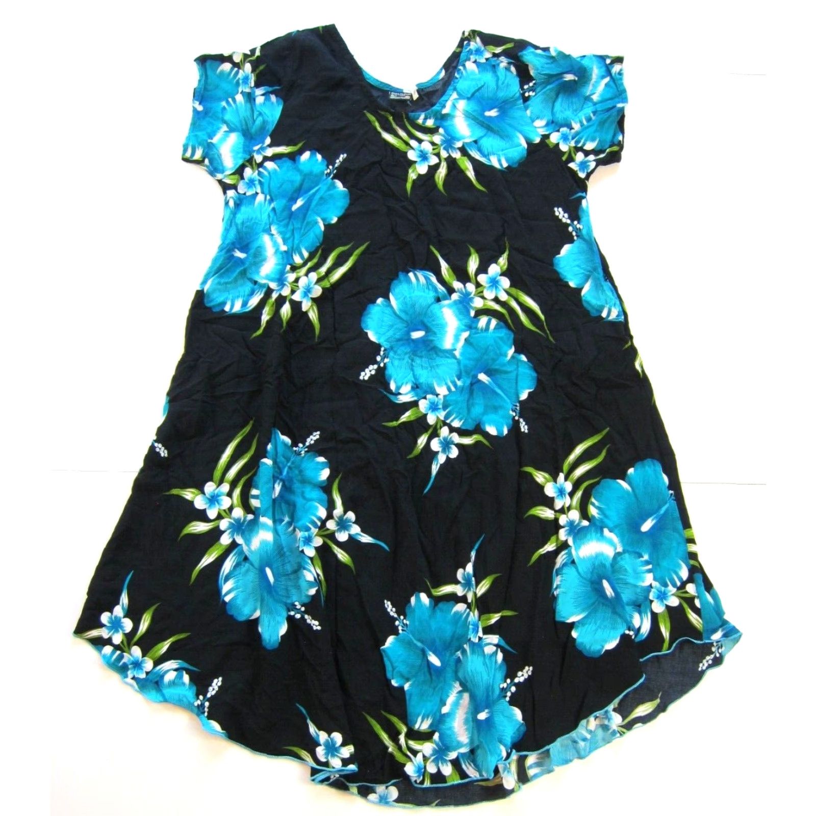 ALOHAS VINTAGE Aloha Hawaiian Fashion Rayon Black Blue Green Floral Short Sleeve Smock Dress L Size 36" / US 14 / IT 50 - 2 Thumbnail