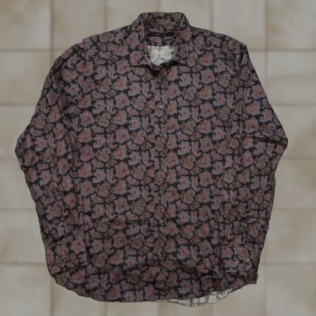 Eton Shirt Men Large Black Paisley Stripe Long Sleeve Button
