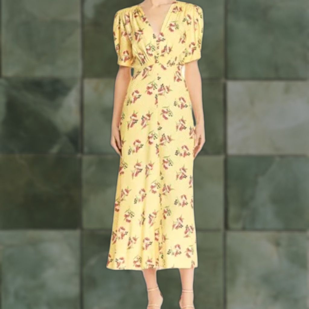 Vintage Jill Jill Stuart Women's Yellow Floral Shadow Dot Midi Retro Dress Size 14 Size XL / US 12-14 / IT 48-50 - 1 Thumbnail