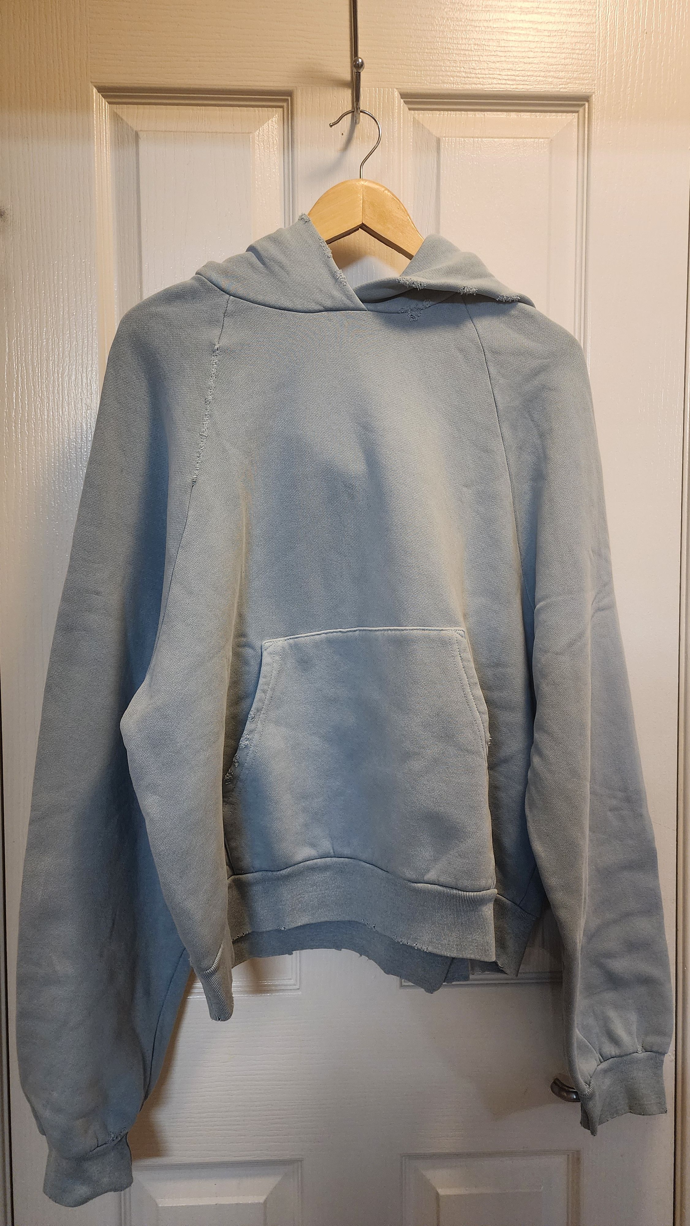 image of John Elliott Cropped Raglan Hoodie in Vintage Dusty Blue, Men's (Size Medium)