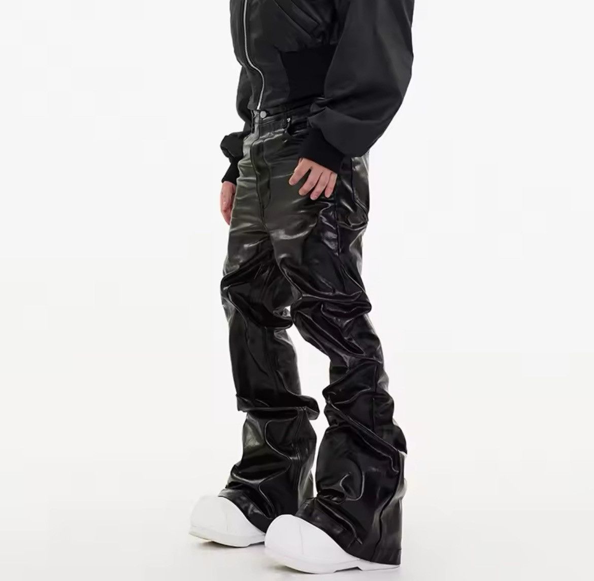 Men Wide Leg Coating Glossy Leather Jean