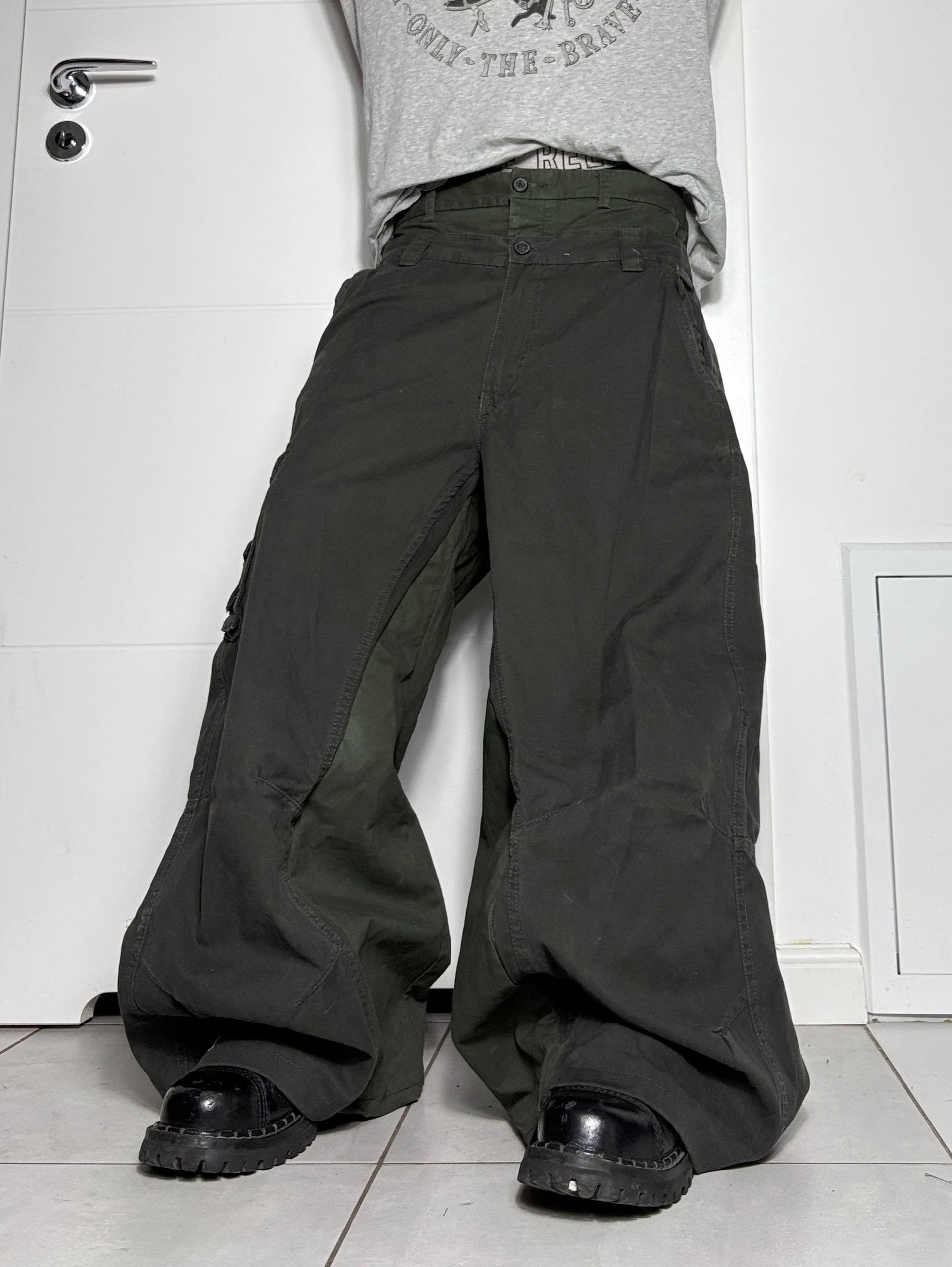 Japanese Brand Dark Green Wide Double Waist Cargo Pants – Handmade Baggy Size US 33 - 2 Thumbnail