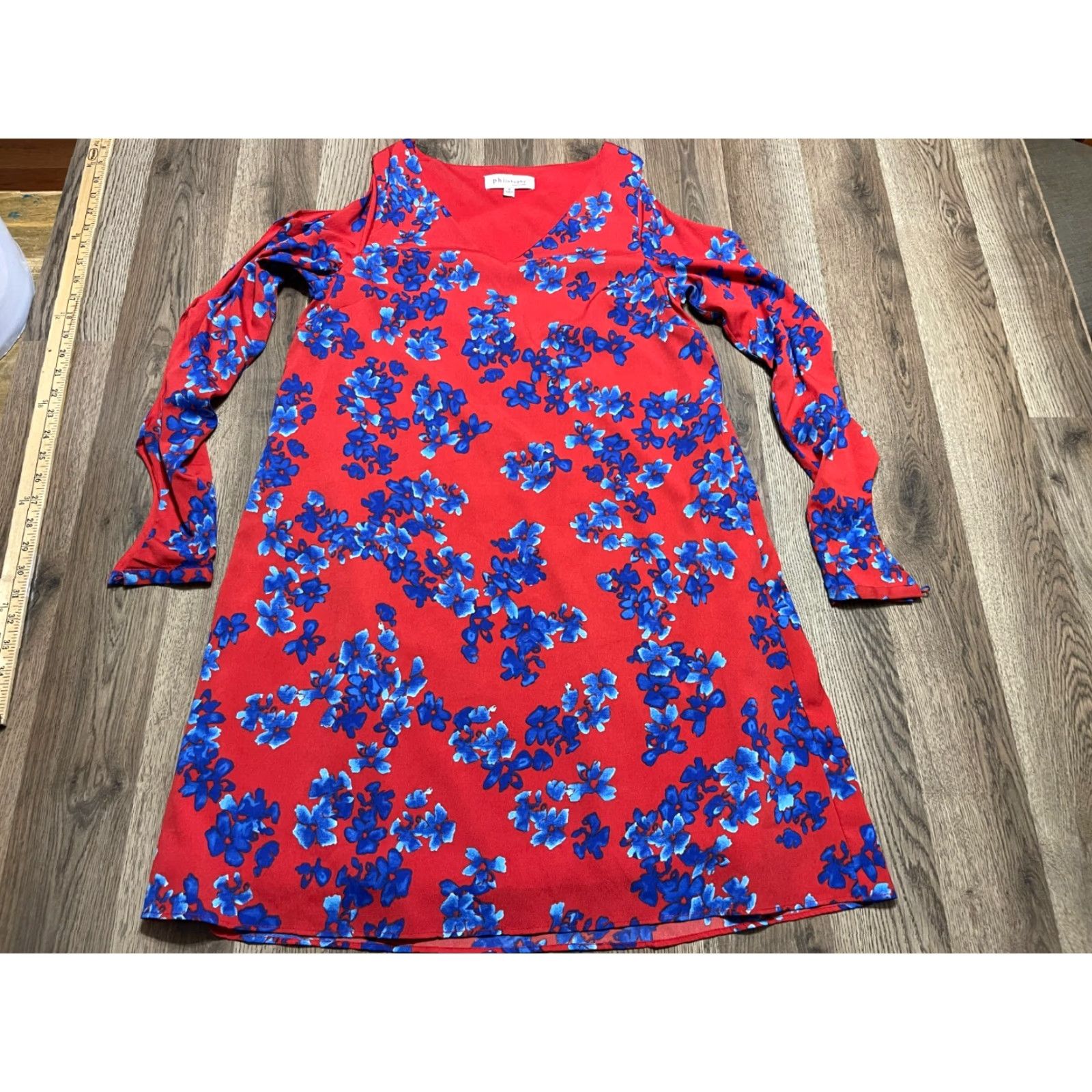 Vintage Philosophy Dress Women's Small Red Blue Floral Long Sleeve Dress Open Arm V-neck Casual Knee Length Shift Vintage: No Size S / US 4 / IT 40 - 2 Thumbnail