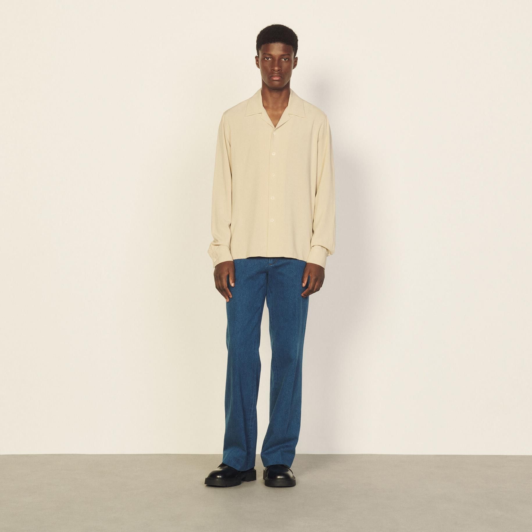 image of Sandro Camp Collared Fluid Woven Shirt In Beige Viscose, Men's (Size XS)