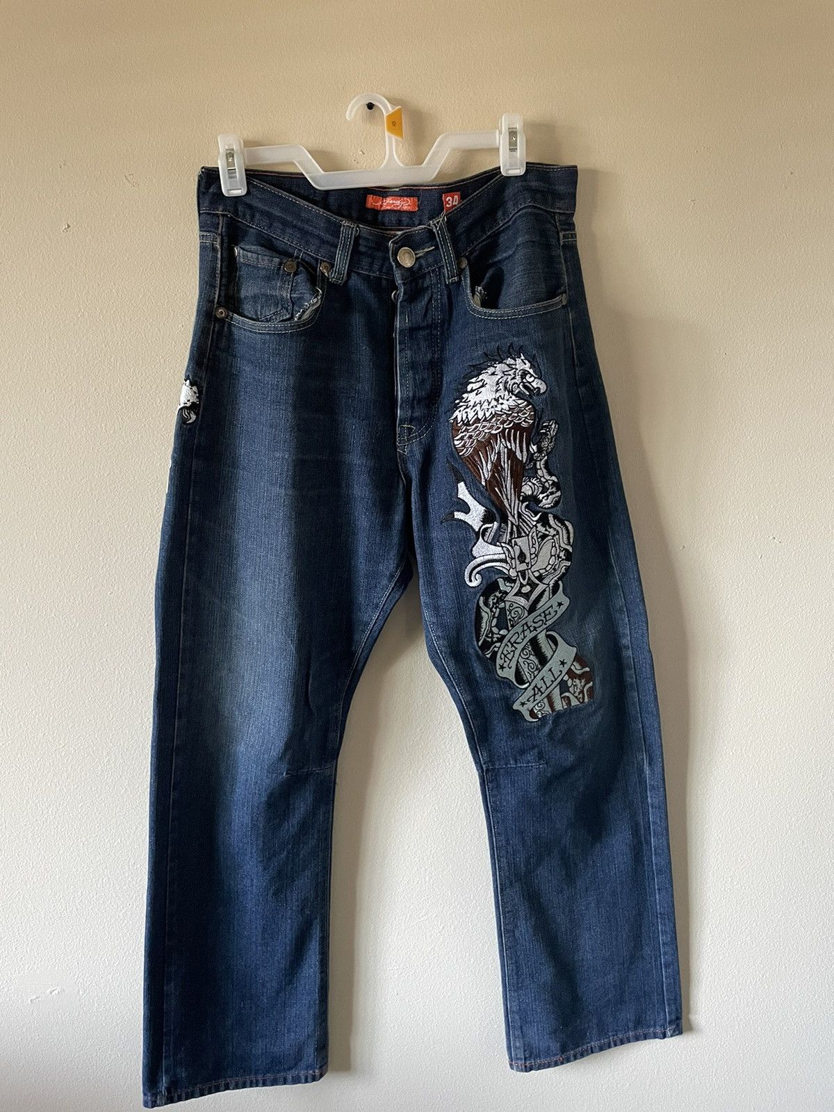 image of Embroidered Ed Hardy Denim in Blue, Men's (Size 34)