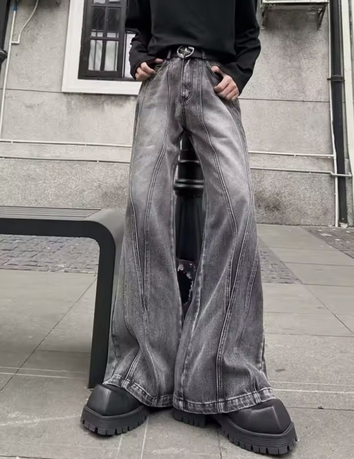 Denime × Vintage Y2K Streetwear Washed Grey Baggy Stacked Flare Jeans Size US 28 / EU 44 - 5 Thumbnail
