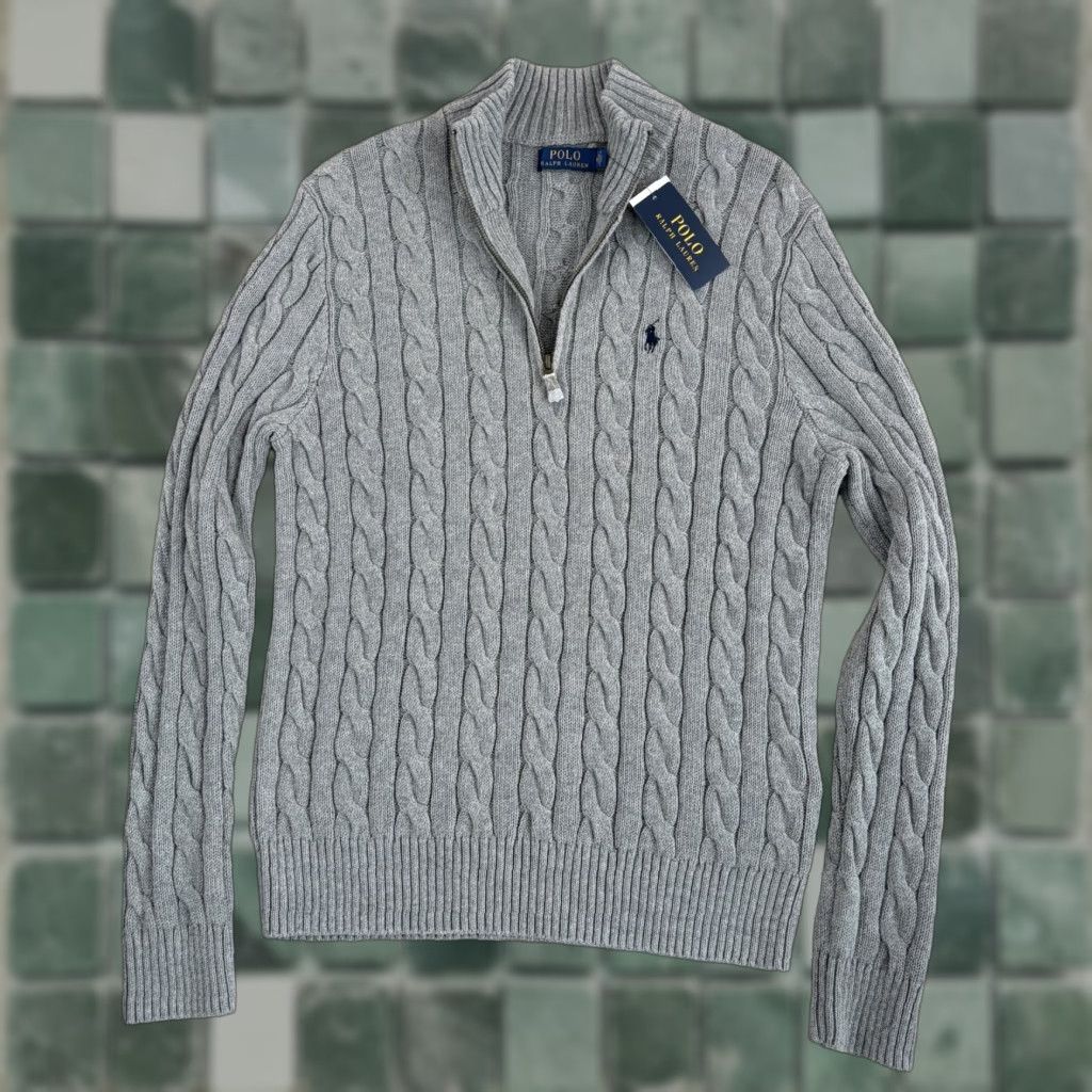 Polo Ralph Lauren VINTAGE Polo Ralph Lauren Cable-Knit Cotton Quarter-Zip Sweater in Grey Men Medium NWT Size US M / EU 48-50 / 2 - 1 Thumbnail