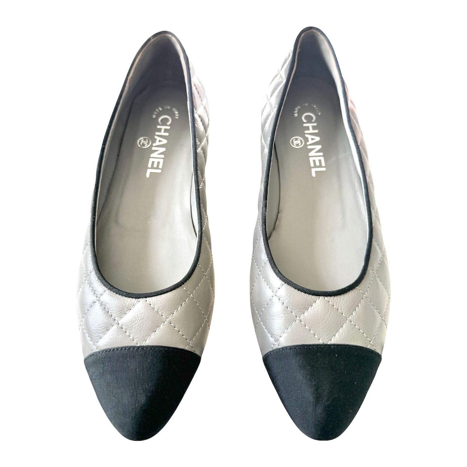 Chanel Chanel CC Quilted Cap Toe Ballet Flats Gray Black Leather EU Size US 6.5 / IT 36.5 - 3 Thumbnail