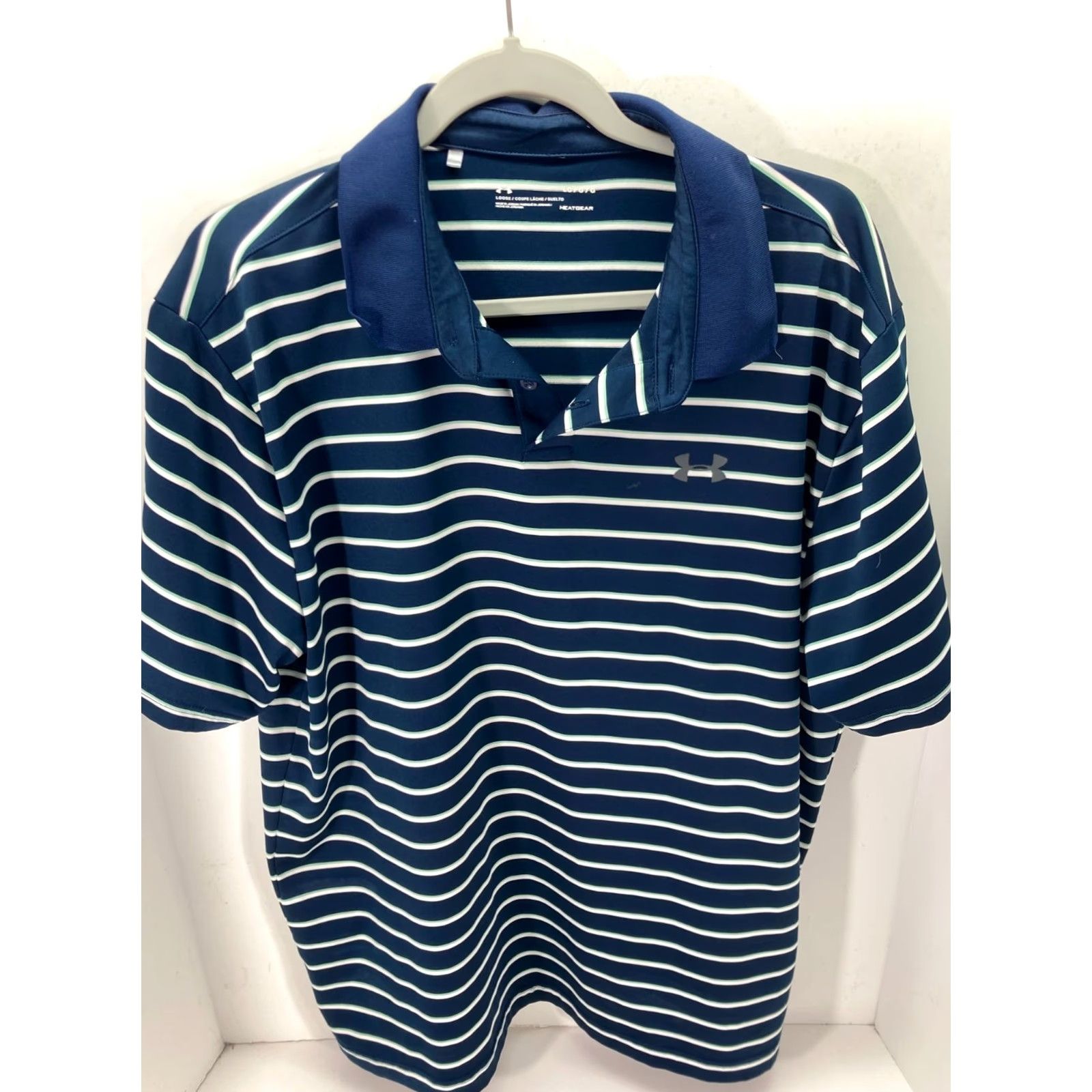 Under Armour Under Armour HeatGear Polo Shirt Mens L Blue White Striped Golf Performance Logo Short Sleeve Loose Fit Size US L / EU 52-54 / 3 - 3 Thumbnail