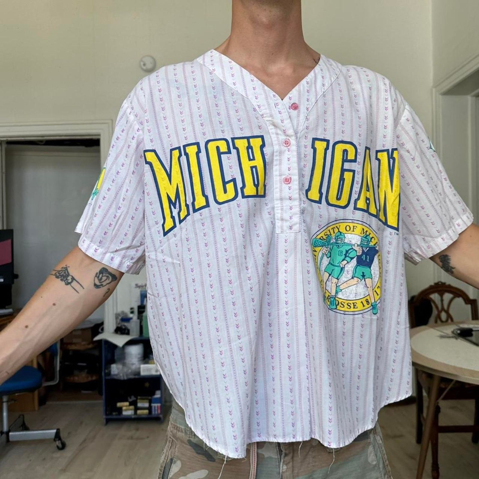 Vintage Rare Vintage 80s UofM Michigan Lacrosse Stripped Top Jersey Size US L / EU 52-54 / 3 - 2 Thumbnail