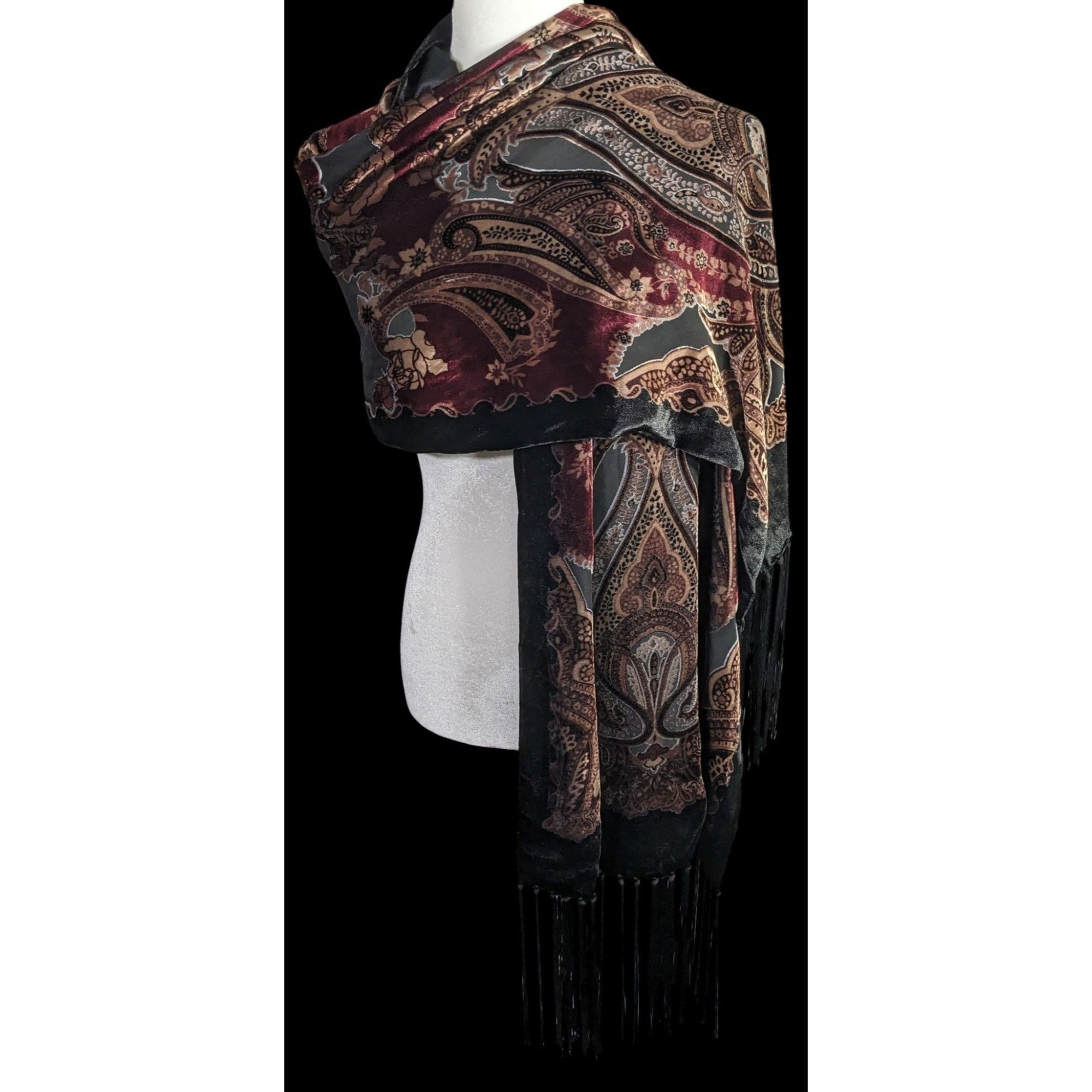 Other Vintage Burnt Velvet Paisley Wrap With Fringe - 73"x21" 9" T Size ONE SIZE - 1 Thumbnail