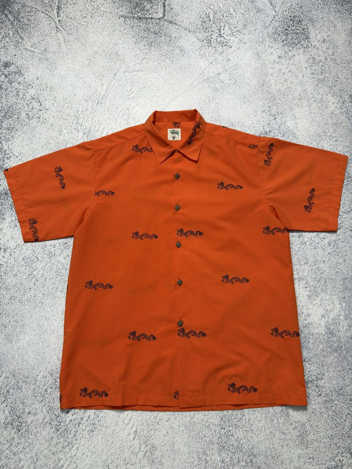 Stussy 🔥VINTAGE Y2K STUSSY DRAGON ORANGE BUTTON UP SHIRT Size US XL / EU 56 / 4 - 2 Thumbnail