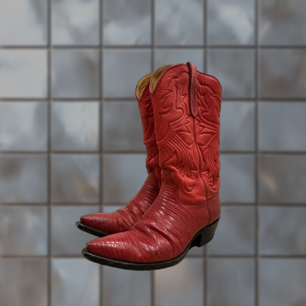 Skin Stallion Western Boots Men’s Size 8.5D Red Leather Lizard Pattern Pointed Toe Cowboy Boots Leather Insole Mid-Calf Shaft Style Handcrafted Size US 9 / EU 42 - 1 Thumbnail