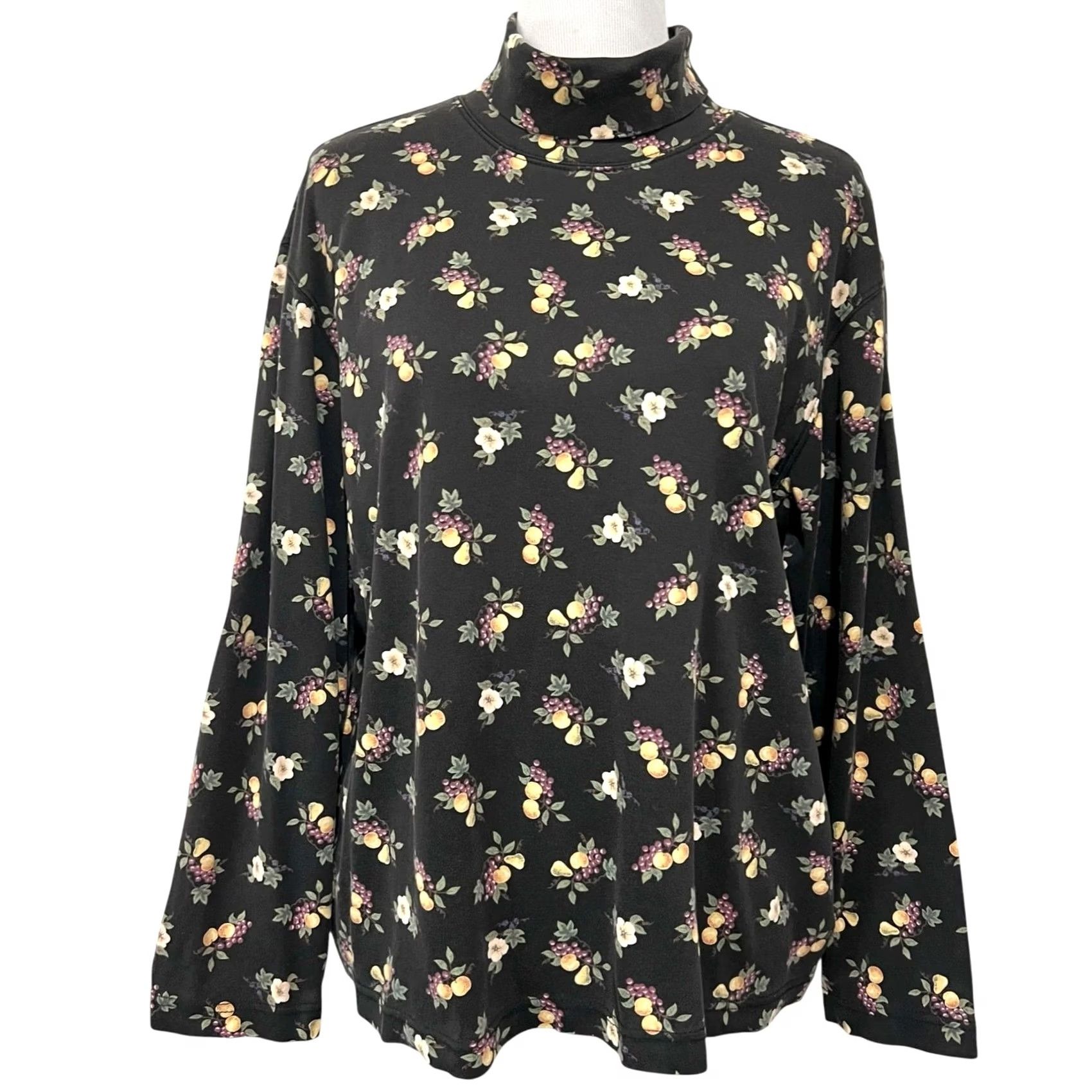 Talbots VINTAGE Talbots Fruit & Floral Pattern Turtleneck Women’s XL Black 100% Cotton Blouse Size XL / US 12-14 / IT 48-50 - 2 Thumbnail