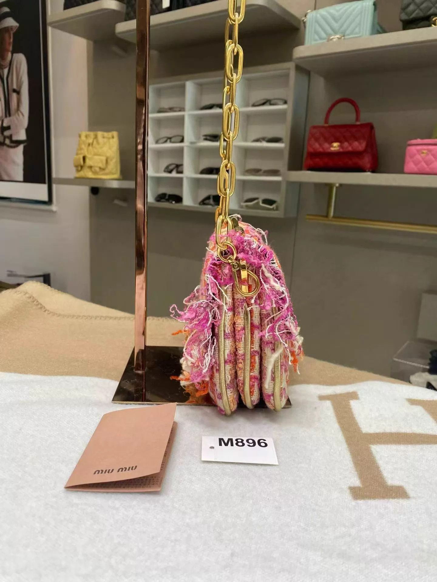 Miu Miu MIU MIU Pink Orange Houndstooth Fringed Chain Underarm Bag Size ONE SIZE - 5 Thumbnail