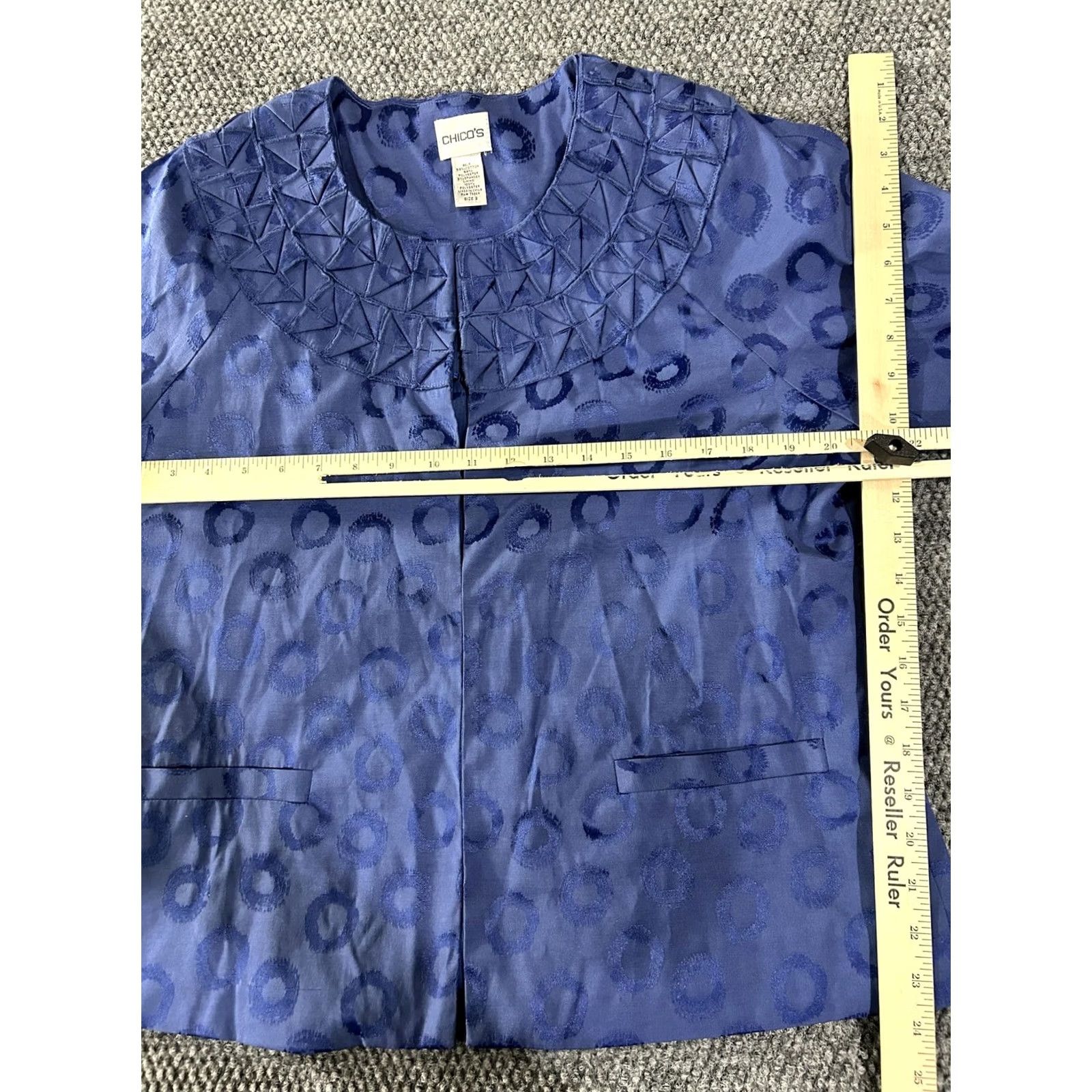 Vintage Chicos Jacket Womens 2 Blue Polka Dot Collarless Pleated Neck Lined Jacquard Size XS / US 0-2 / IT 36-38 - 4 Thumbnail
