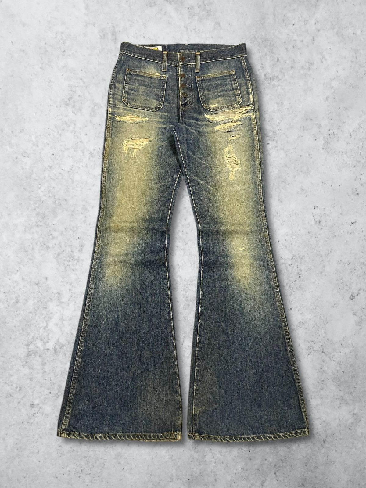 Big John Vintage Big John Distressed Mud Wash Flare Bush Button Jeans Size 30" / US 8 / IT 44 - 1 Thumbnail