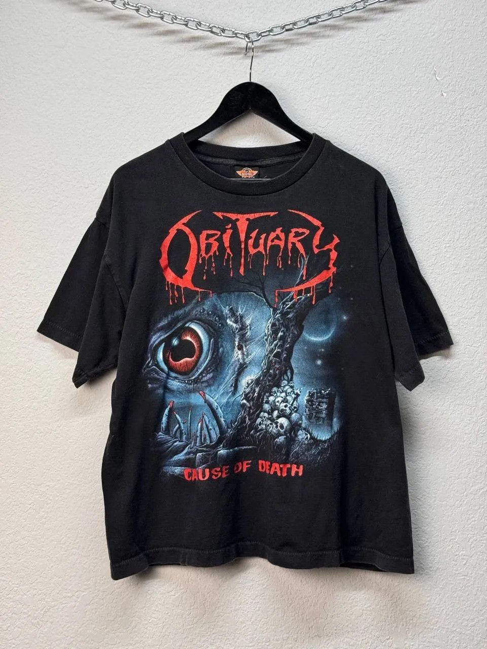 Band Tees × The Rolling Stones Vtg 1991 Orig OBITUARY Cause of Death Blue Grape Merch Size US L / EU 52-54 / 3 - 1 Thumbnail