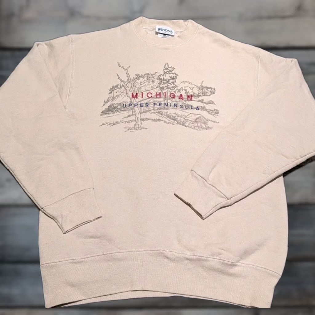 Vintage VINTAGE Upper Peninsula Michigan Crewneck Sweatshirt L Men Cream 90s Nature Deer Winona USA Graphic Print All Seasons Size US L / EU 52-54 / 3 - 1 Thumbnail