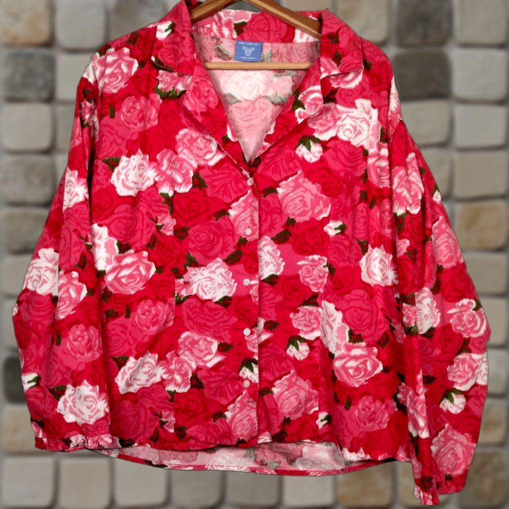 Vintage PINE CONE HILL FINE LINENS Floral Blouse XL Pink Red Roses Long Sleeve Button Front Ruffled Cuff Womens Size XL / US 12-14 / IT 48-50 - 1 Thumbnail