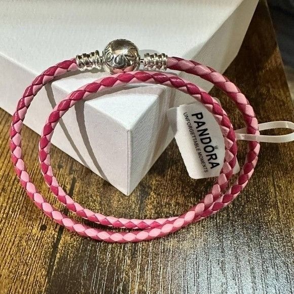 pandora Authentic Pandora , SZ 19CM, Pink Double Wrap Leather Bracel Size ONE SIZE - 4 Thumbnail