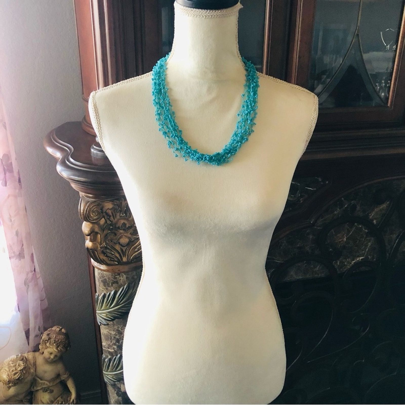 Handmade Handcrafted turquoise tone multi strand beaded necklace Size ONE SIZE - 8 Thumbnail