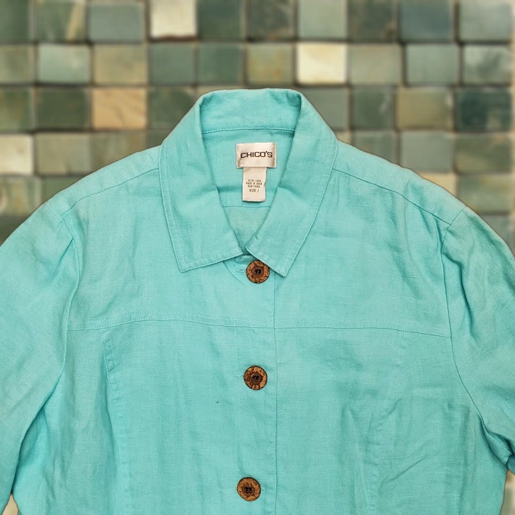Coldwater Creek Chicos Jacket Womens sz 1 US 8 Mint Green 100% Linen Long Sleeve Casual Button Shirt Size M / US 6-8 / IT 42-44 - 1 Thumbnail