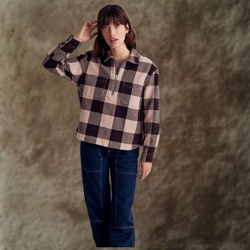 Madewell VINTAGE? No. Madewell Shirt Womens XS Half Zip Pullover Plaid Relaxed Fit Top Pink Boho Size XS / US 0-2 / IT 36-38 - 1 Thumbnail