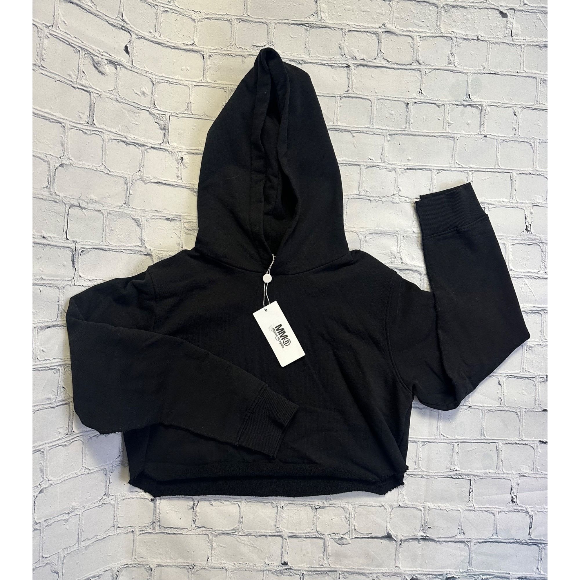 image of Mm6 Maison Margiela Ripped Cropped Hoodie in Black, Women's (Size Large)