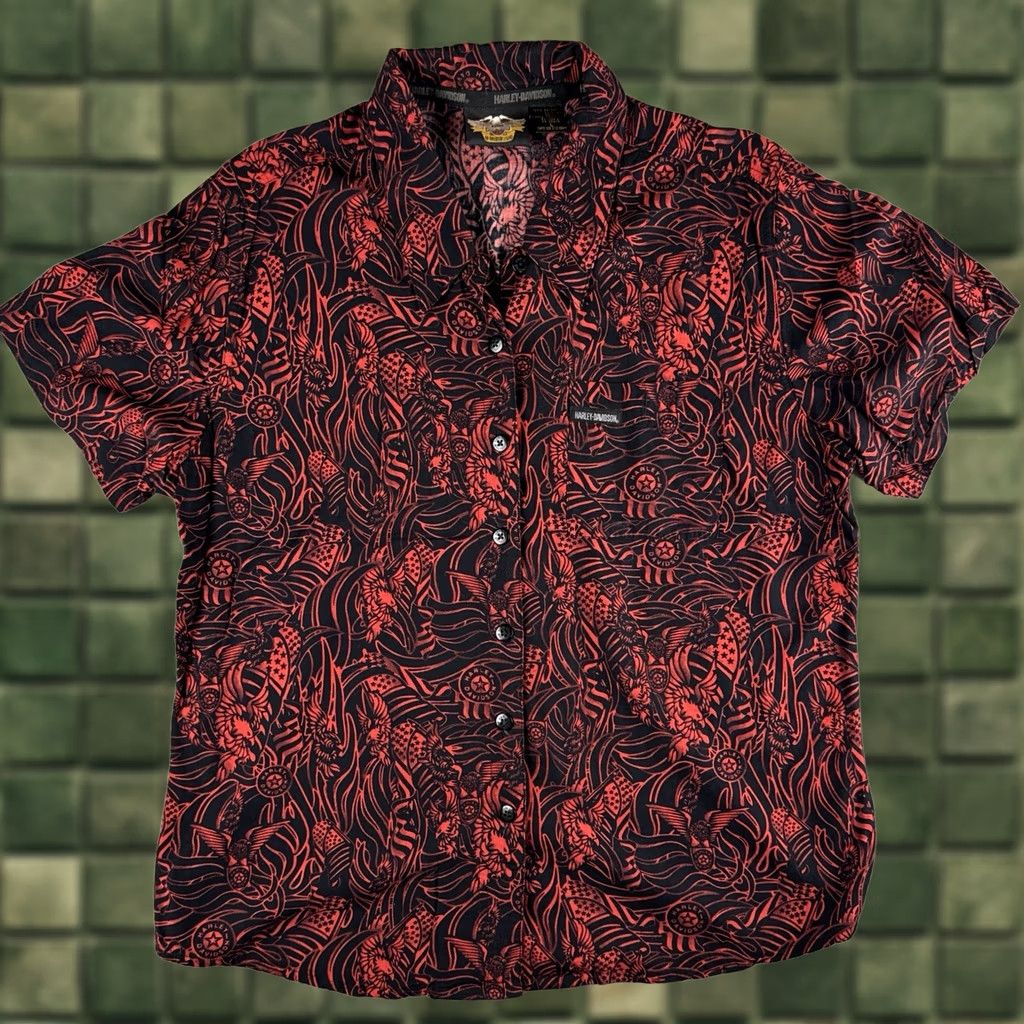 Harley Davidson VINTAGE Harley-Davidson Button-Up Shirt Eagle AOP Black Red Size L Men Short Sleeve Rayon Hawaiian Jacket? Size US L / EU 52-54 / 3 - 1 Thumbnail