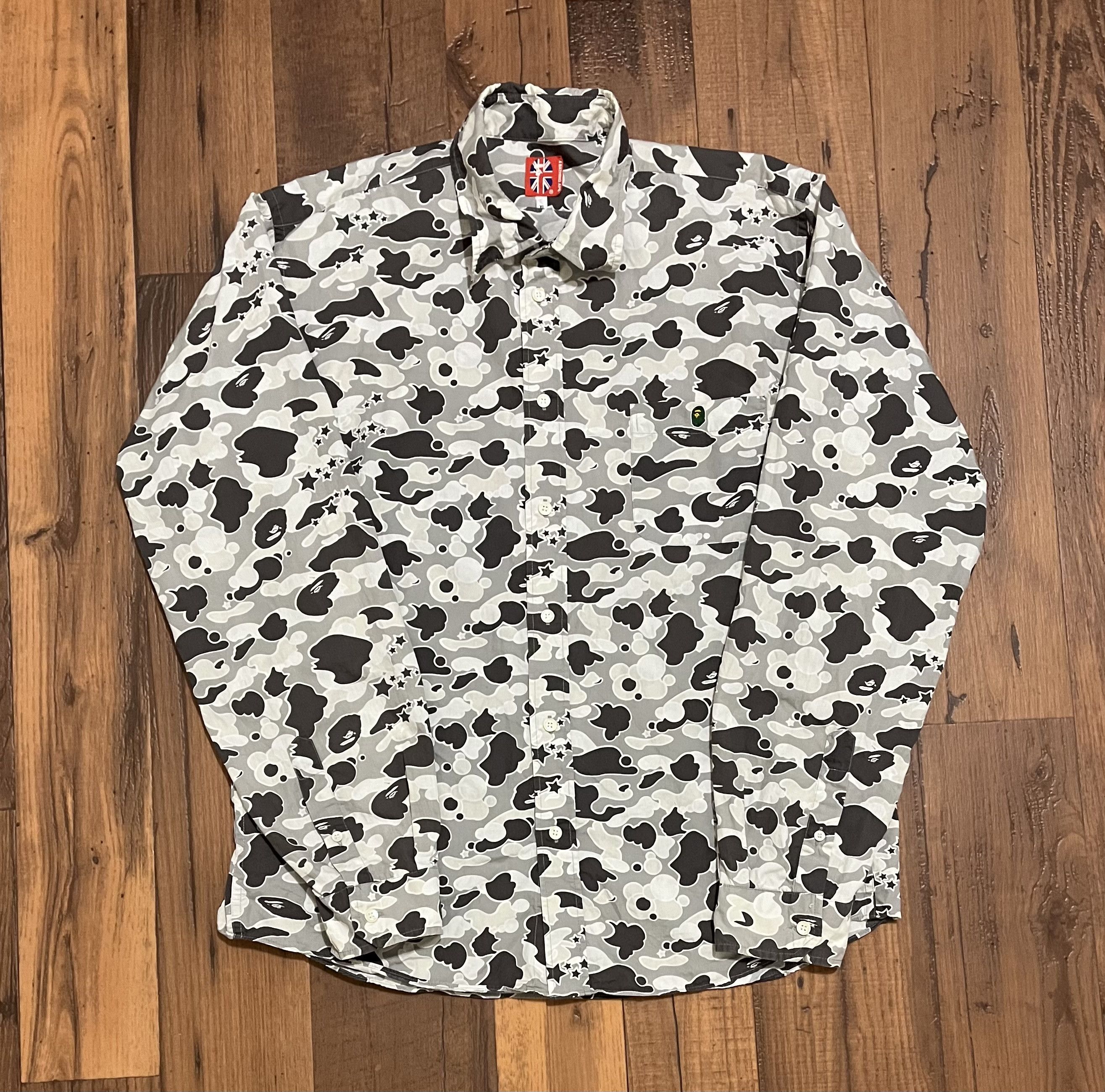 image of Bape Psyche Camo Long Sleeve Button Up Shirt, Men's (Size XL)