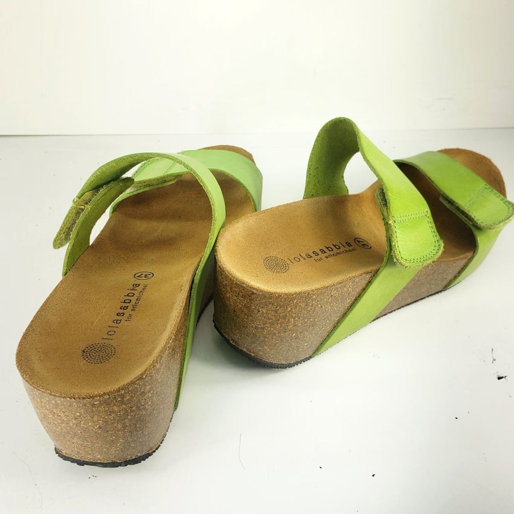 Vintage Lola Sabbia Lily Avocado Green Cork Bed Wedge Slide Sandals US 6-6.5 Leather Velcro Adjustable Strap Women Size US 6.5 / IT 36.5 - 4 Thumbnail