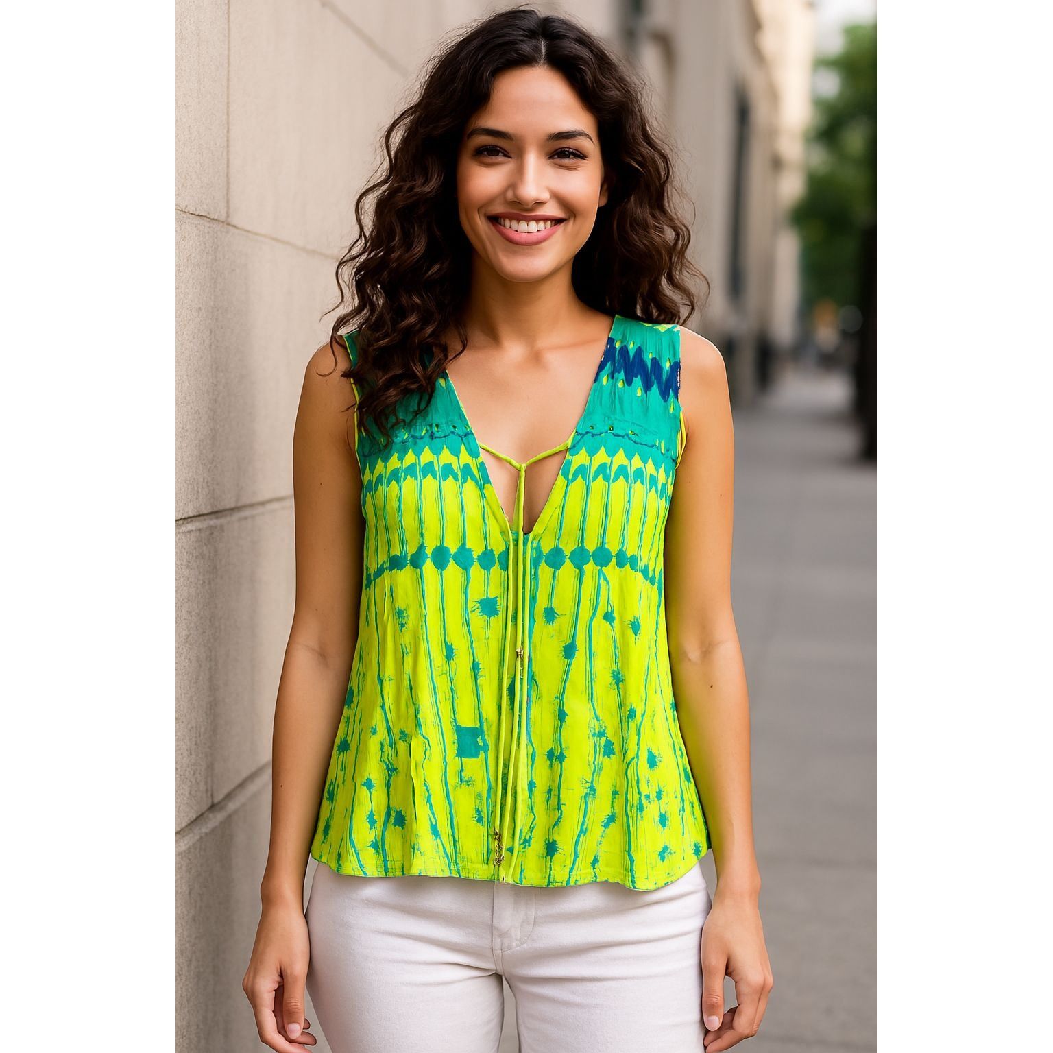 Other CCC Electric Lime Green Print Tank Tie Front Abstract Boho B Size M / US 6-8 / IT 42-44 - 2 Thumbnail