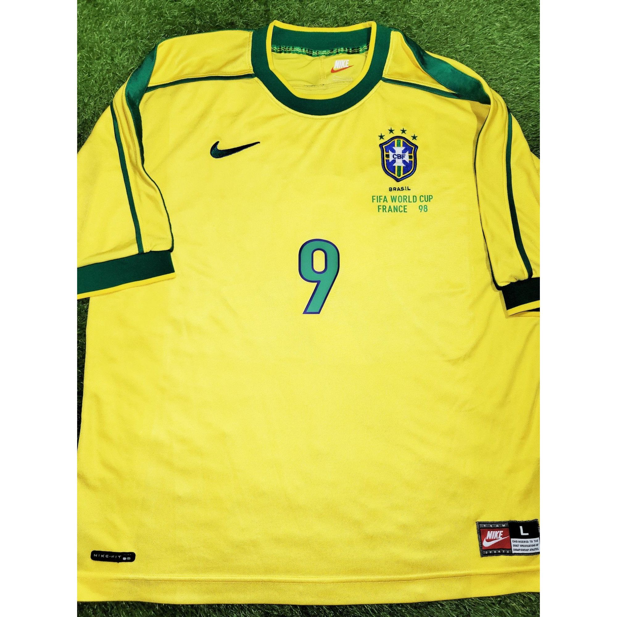 Image of Ronaldo Brazil 1998 World Cup Nike Home Soccer Jersey L in Yellow, Men's (Size Large)