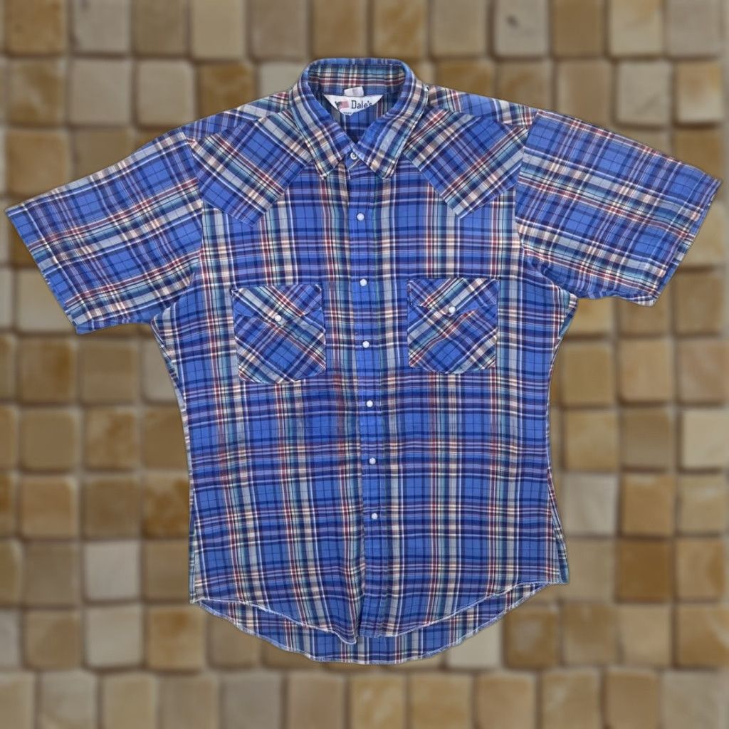 Vintage VINTAGE Dale's Made In USA Cowboy Western Plaid Check Pearl Snap Popper Shirt Medium Men Blue/Turquoise 90s Cohesive Western Theme Mens Size US M / EU 48-50 / 2 - 1 Thumbnail