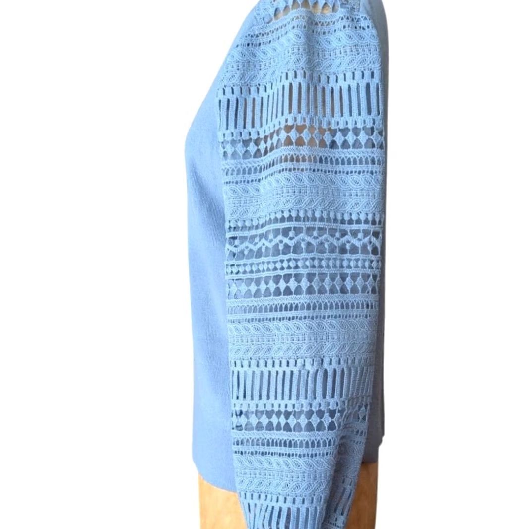 Vintage Sioni Light Blue Mock Neck Sweater Sz M Women Shirt Pullover Balloon Sleeve Crochet Mixed Media Blue 90s? Size M / US 6-8 / IT 42-44 - 3 Thumbnail