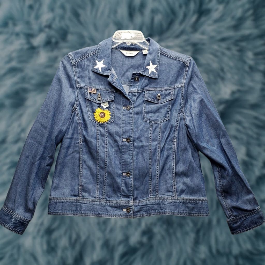 Vintage L.L. Bean Trucker Jacket Women M Blue Denim Stars Sunflower Patches Button Front Size M / US 6-8 / IT 42-44 - 1 Thumbnail