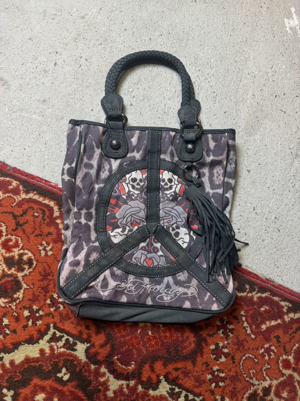 Y2K Ed Hardy Faded Skull Hippie Logo Bag Messenger in Black, Men's