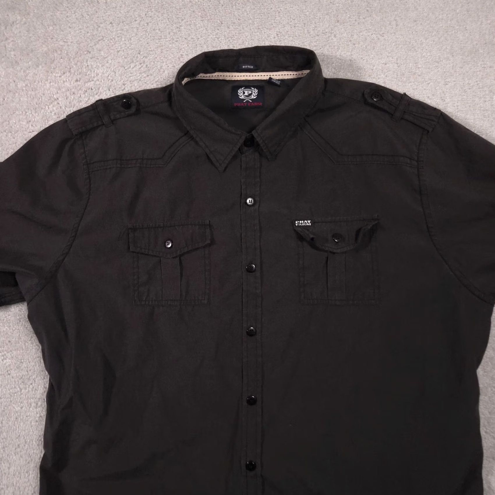 Phat Farm Phat Farm Shirt Mens 2XL Black Solid Button Front Short Sleeve Fitted Casual Size US XXL / EU 58 / 5 - 3 Thumbnail