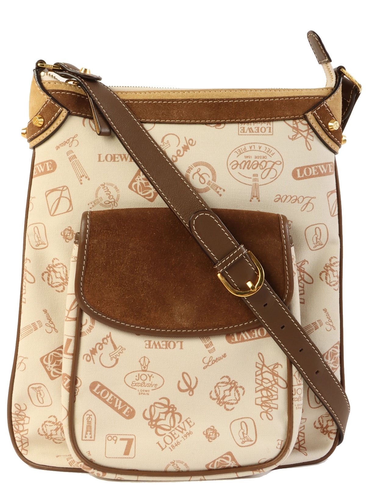 image of Loewe Suede Canvas Combination Logo Print Shoulder Bag Beige/brown in White, Women's